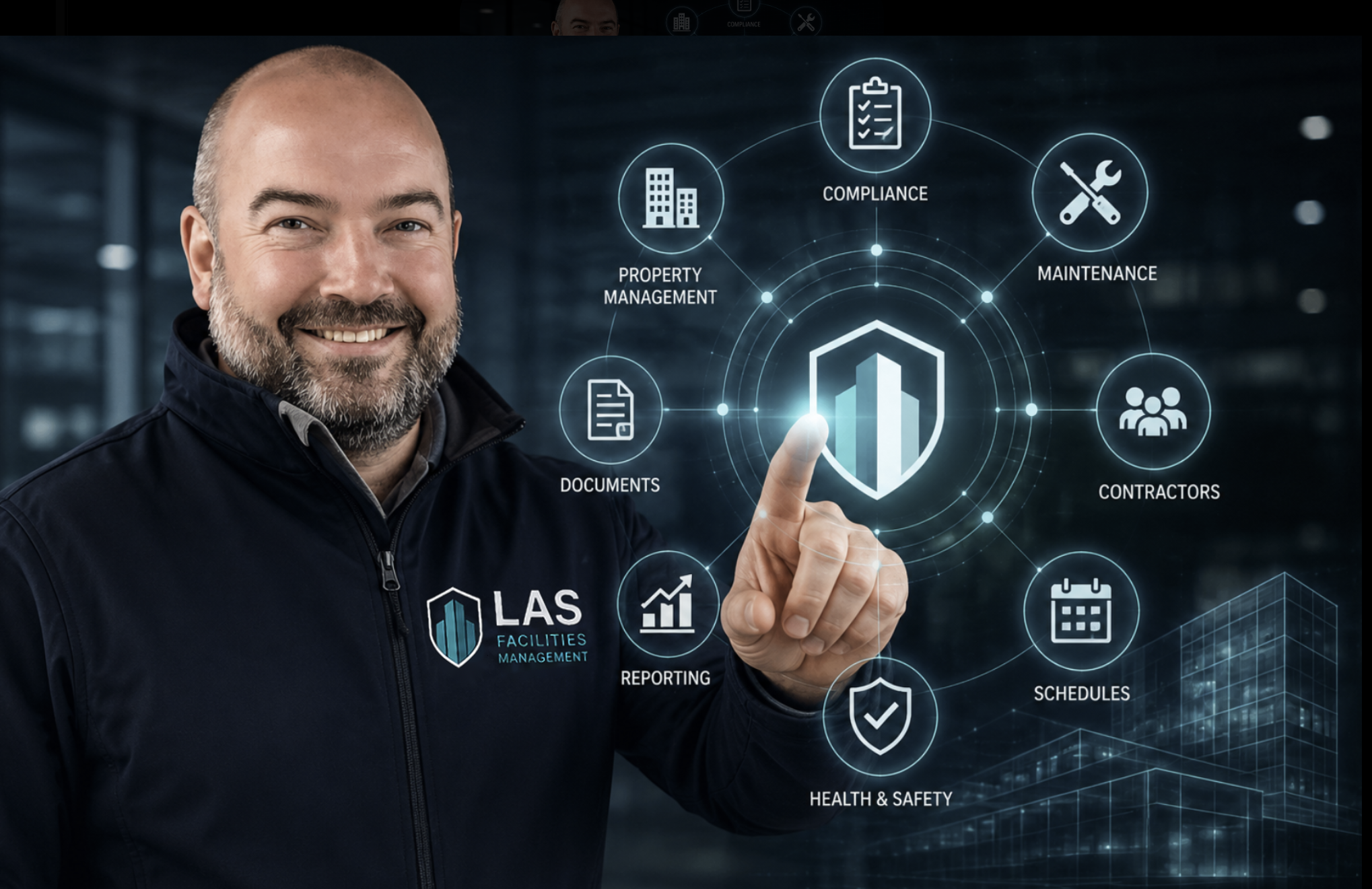 Lee representing LAS Facilities Management beside a digital facilities compliance interface