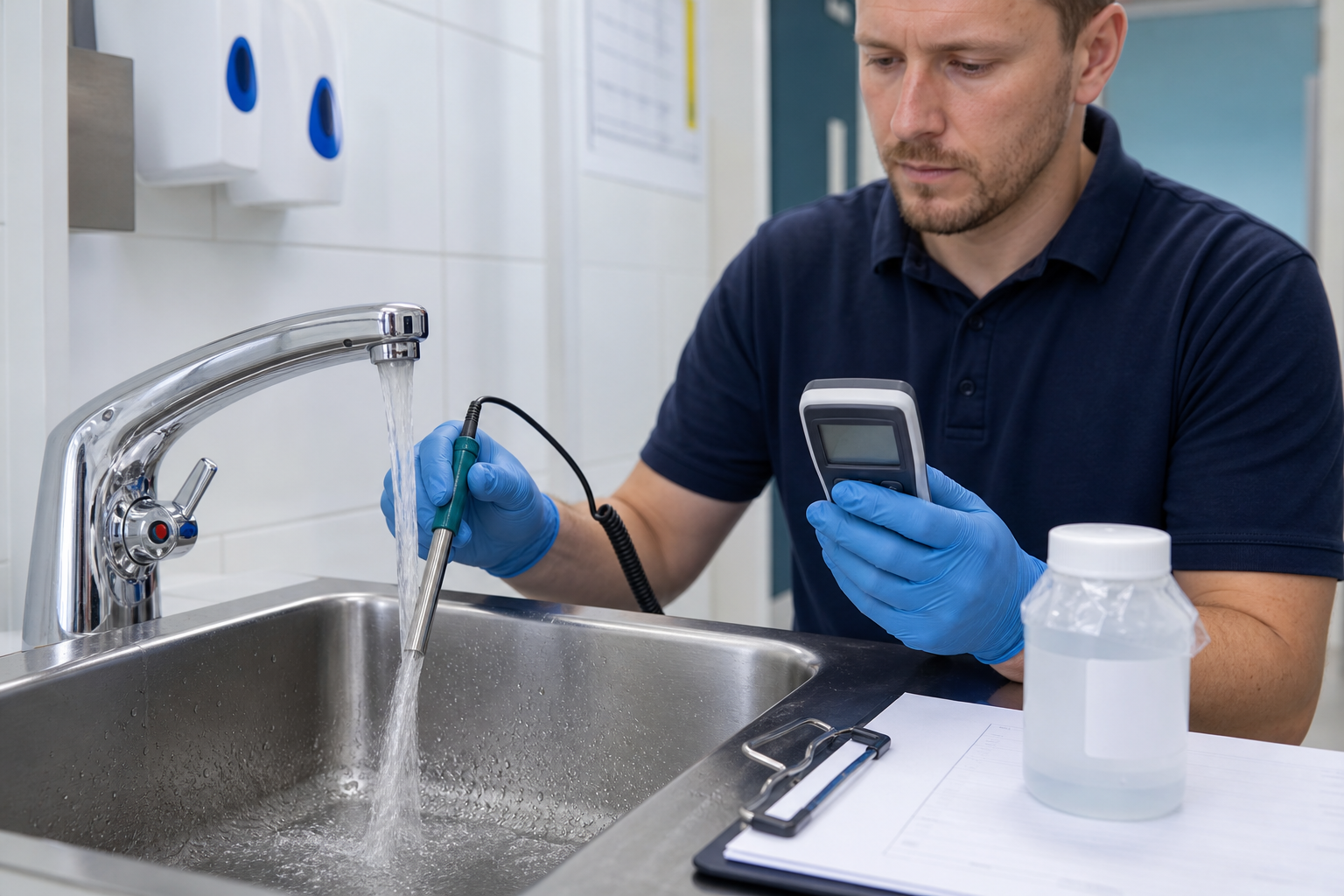 Water hygiene technician checking a temperature at a sentinel tap