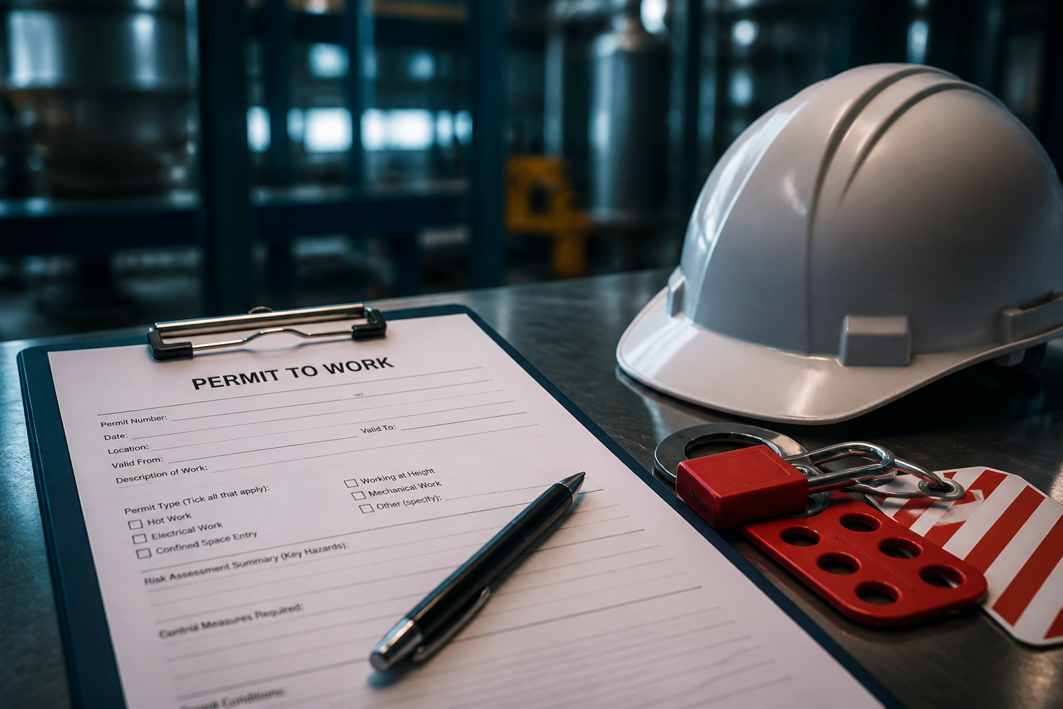 Permit-to-work form with hard hat and lockout equipment